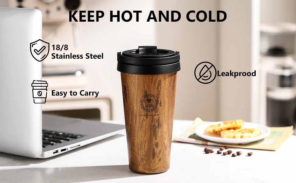 Bincoo 500ml Retro Woodgrain Coffee Cup, Stylish Travel Mug, Large Capacity Thermos, Portable for Men/Women