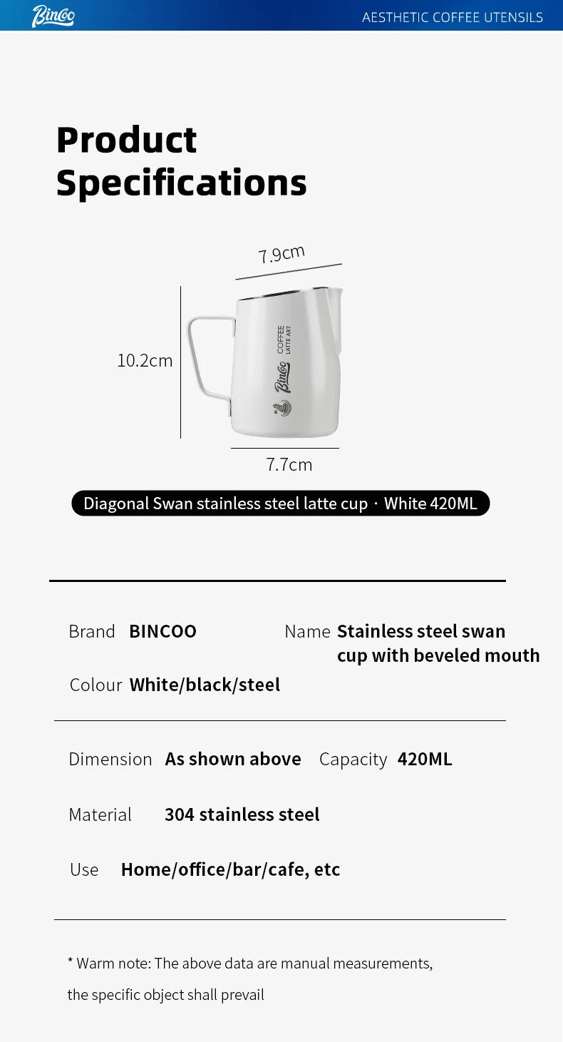 BINCOO Milk Frothing Pitcher 420ml Milk Frother Cup Espresso Steaming Pitcher Stainless Steel Milk Frother Jug Home Barista Tool