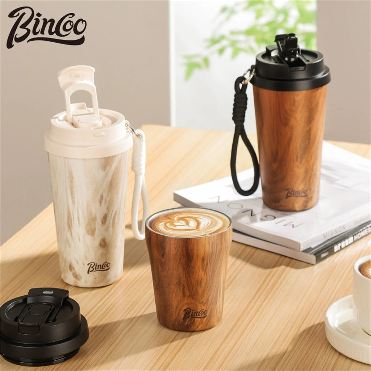 Bincoo Wood Grain Pattern Coffee Thermal Cup 500ml Coffee Travel Mug Insulated Vaccum Portable 304 Stainless Steel Thermos Jug