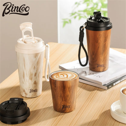 Bincoo Wood Grain Pattern Coffee Thermal Cup 500ml Coffee Travel Mug Insulated Vaccum Portable 304 Stainless Steel Thermos Jug