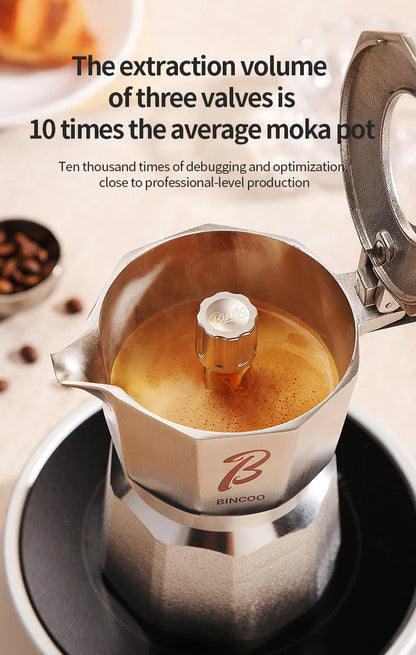 Bincoo Three Valve 316 Stainless Steel Mocha Pot Pressure Concentrating Extraction Coffee Pot Home Professional Barista Kit