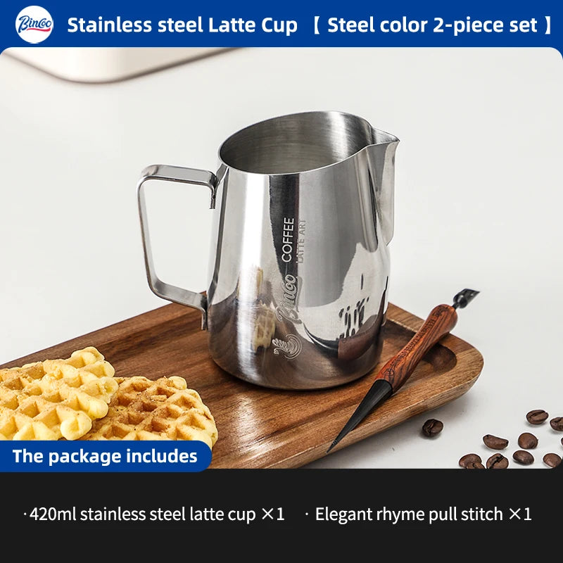 BINCOO Milk Frothing Pitcher 420ml Milk Frother Cup Espresso Steaming Pitcher Stainless Steel Milk Frother Jug Home Barista Tool