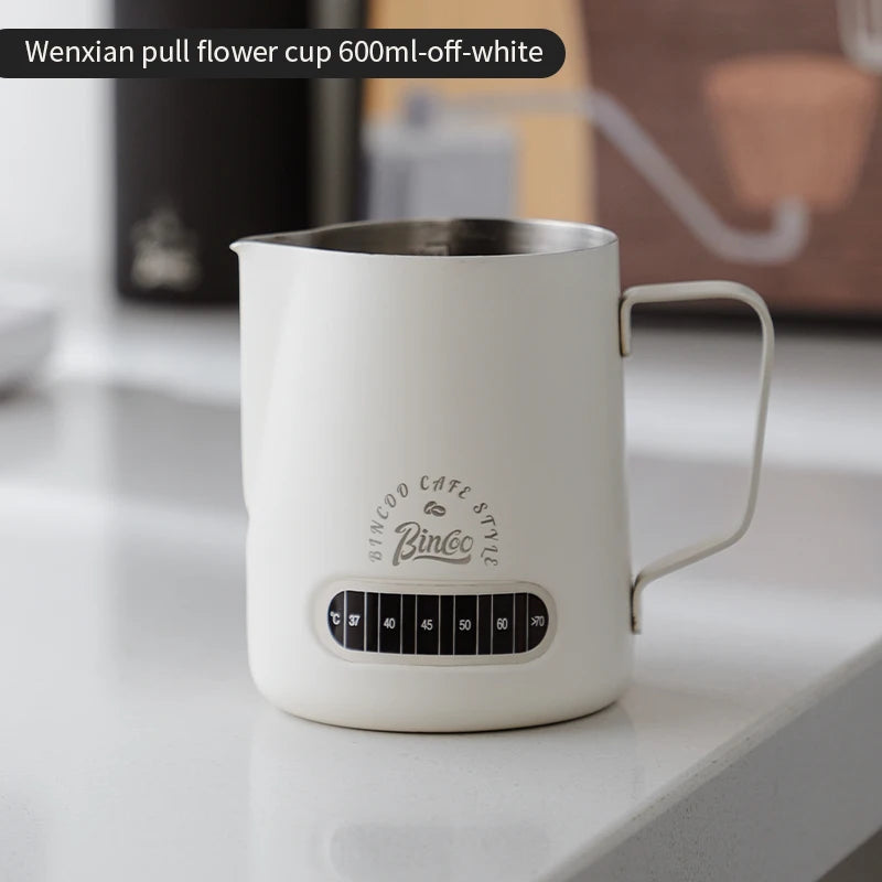 Bincoo Round Spout Coffee Pitcher with Temp Display, Stainless Steel Milk Frother Jug for Latte Art, Espresso Accessory