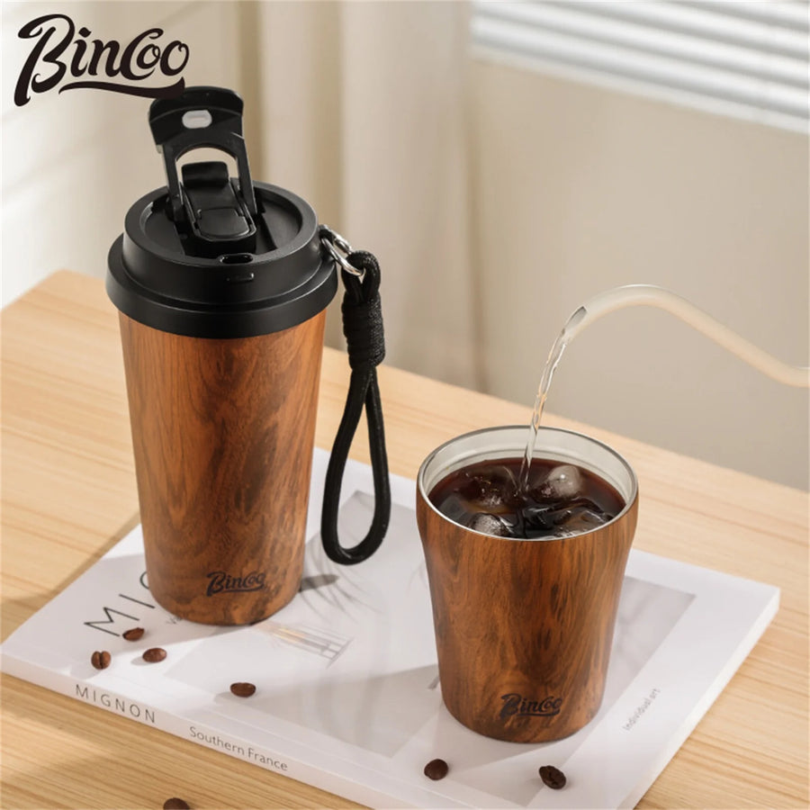 Bincoo Wood Grain Pattern Coffee Thermal Cup 500ml Coffee Travel Mug Insulated Vaccum Portable 304 Stainless Steel Thermos Jug