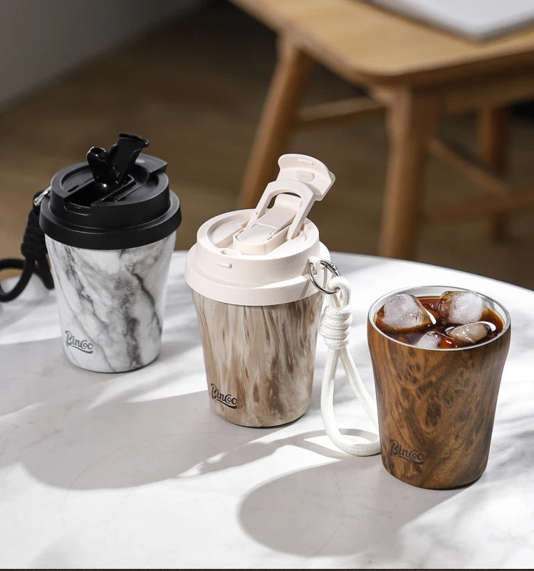 Bincoo Wood Grain Pattern Coffee Thermal Cup 500ml Coffee Travel Mug Insulated Vaccum Portable 304 Stainless Steel Thermos Jug