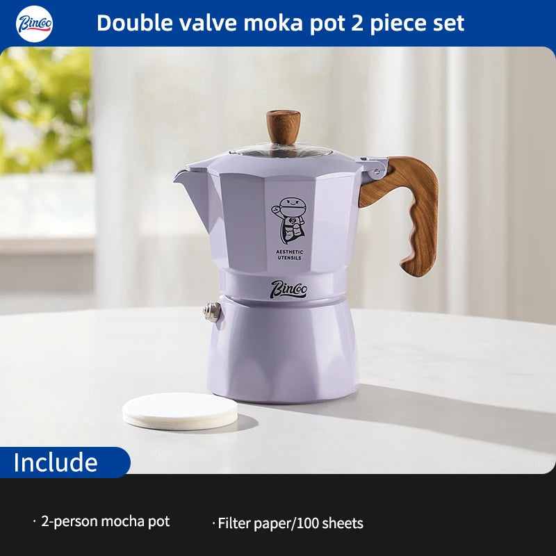 Bincoo Dual Valve Moka Pot Set , Espresso Coffee Maker, Portable Home Machine, Outdoor Use