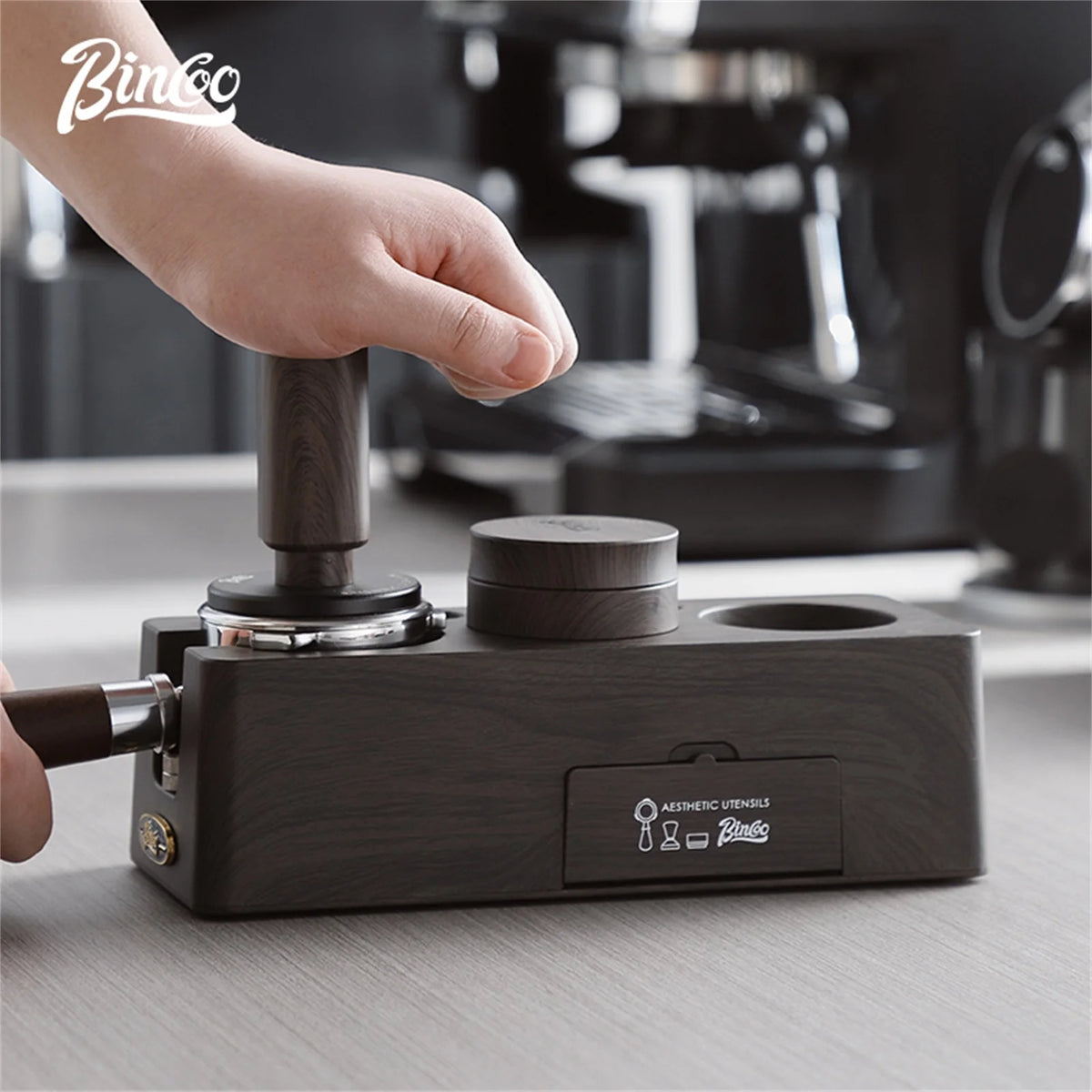 Bincoo Coffee Tamping Kit, Woodgrain 3-Piece Set with Distributor, Fits 51-58mm Portafilters