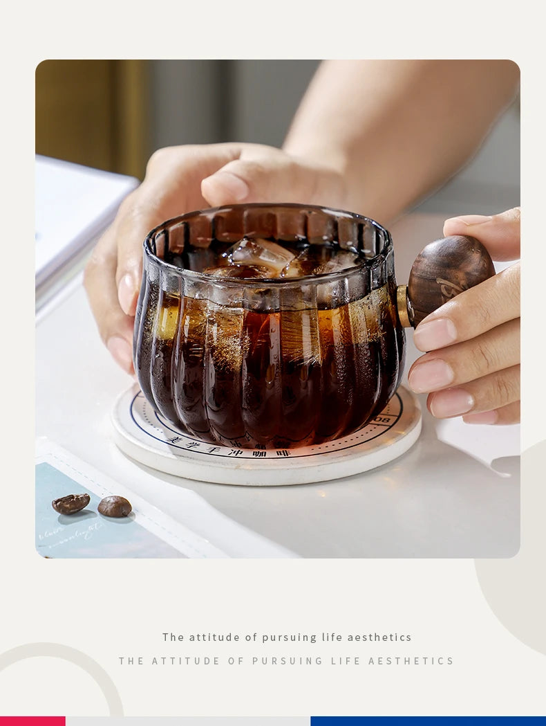 New Stripe Heat-resistant High Boron Silicon Glass Coffee Mug With Wooden Handle Ice American Latte Cup Breakfast Milk Tea Cup