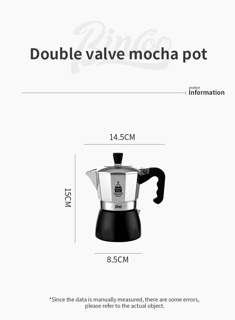 BINCOO Dual Valve Moka Pot Extraction Espresso Maker Hand Brewed Coffee Mocha Pot Italian Home Outdoor Barista Accessories