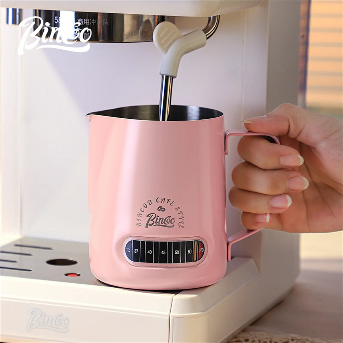 Bincoo Round Spout Coffee Pitcher with Temp Display, Stainless Steel Milk Frother Jug for Latte Art, Espresso Accessory