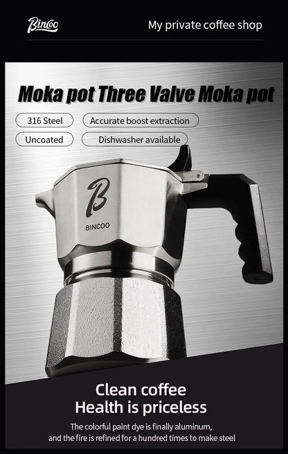 Bincoo Three Valve 316 Stainless Steel Mocha Pot Pressure Concentrating Extraction Coffee Pot Home Professional Barista Kit