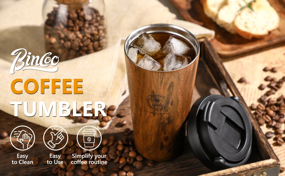 Bincoo 500ml Retro Woodgrain Coffee Cup, Stylish Travel Mug, Large Capacity Thermos, Portable for Men/Women
