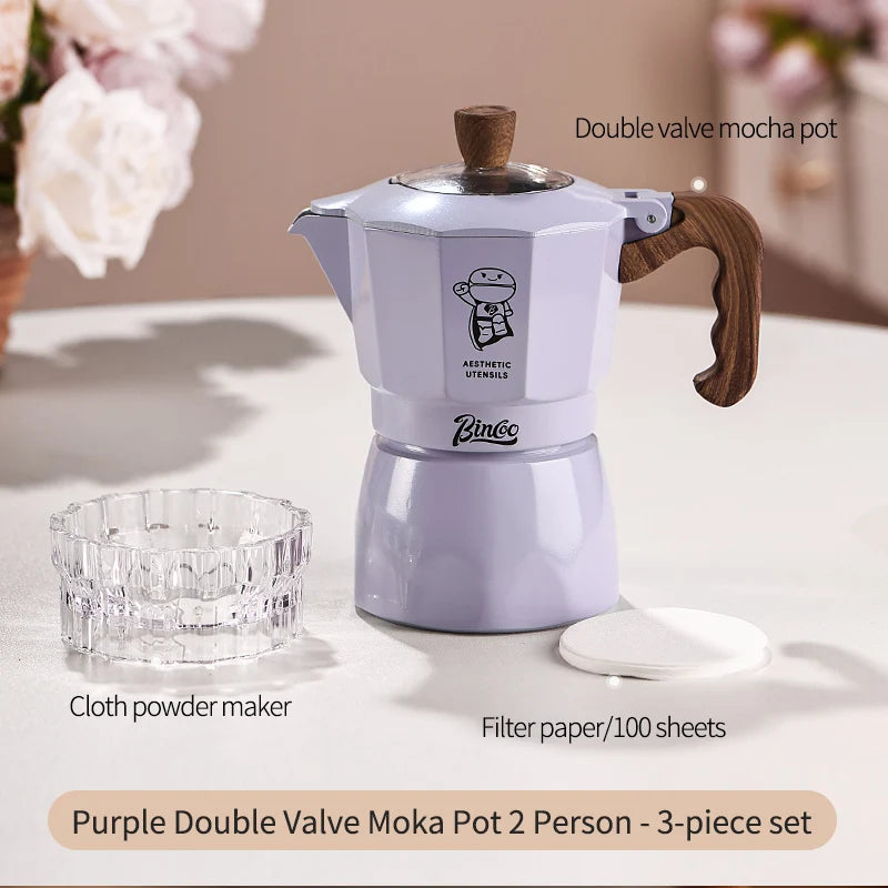 Bincoo Dual Valve Moka Pot Set , Espresso Coffee Maker, Portable Home Machine, Outdoor Use
