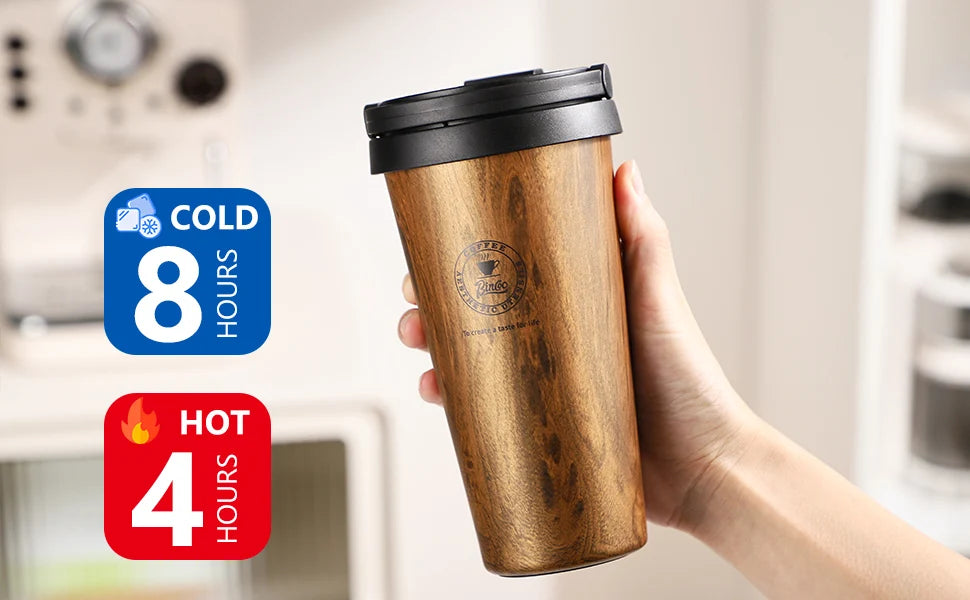 Bincoo 500ml Retro Woodgrain Coffee Cup, Stylish Travel Mug, Large Capacity Thermos, Portable for Men/Women