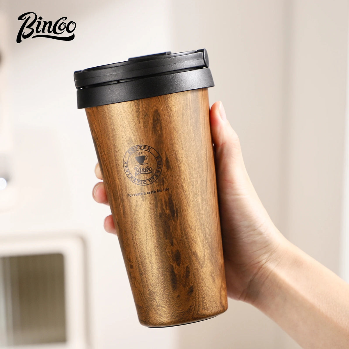 Bincoo 500ml Retro Woodgrain Coffee Cup, Stylish Travel Mug, Large Capacity Thermos, Portable for Men/Women