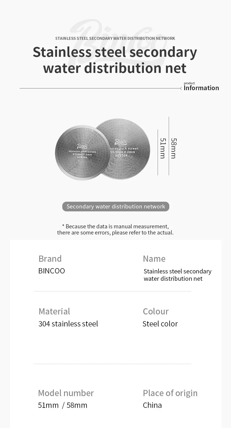 Bincoo-Stainless Steel Espresso Extraction Filter, Secondary Water Separation Net, Espresso Machine Handle, Powder Bowl