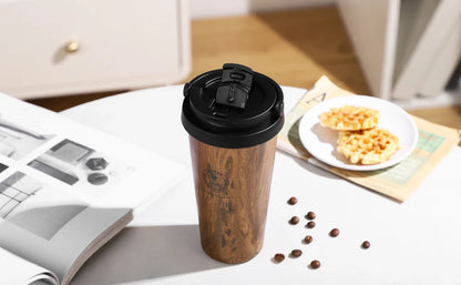 Bincoo 500ml Retro Woodgrain Coffee Cup, Stylish Travel Mug, Large Capacity Thermos, Portable for Men/Women