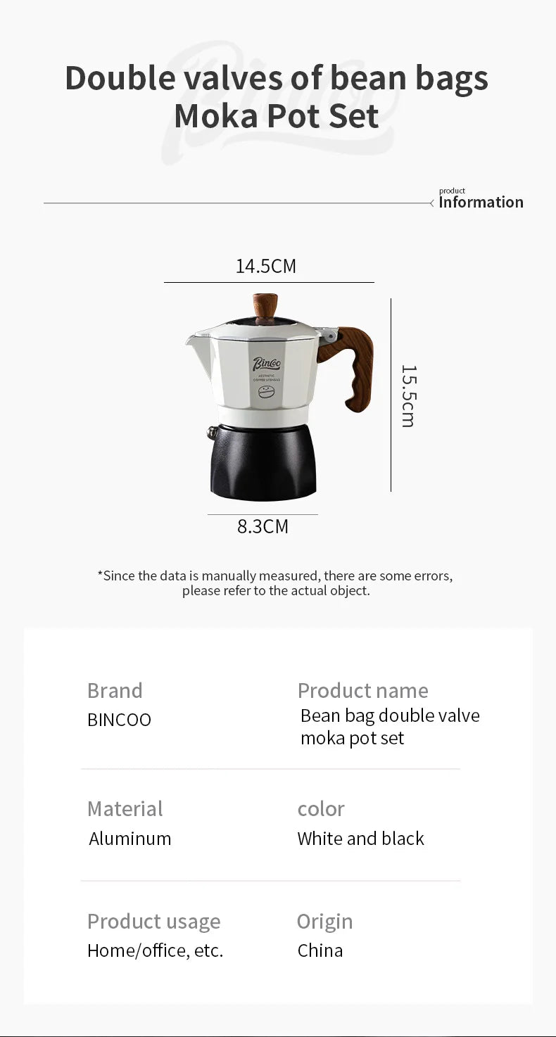 Bincoo Dual Valve Moka Pot Set , Espresso Coffee Maker, Portable Home Machine, Outdoor Use