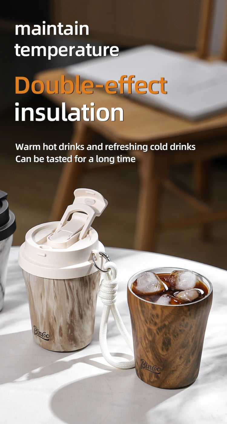 Bincoo Wood Grain Pattern Coffee Thermal Cup 500ml Coffee Travel Mug Insulated Vaccum Portable 304 Stainless Steel Thermos Jug