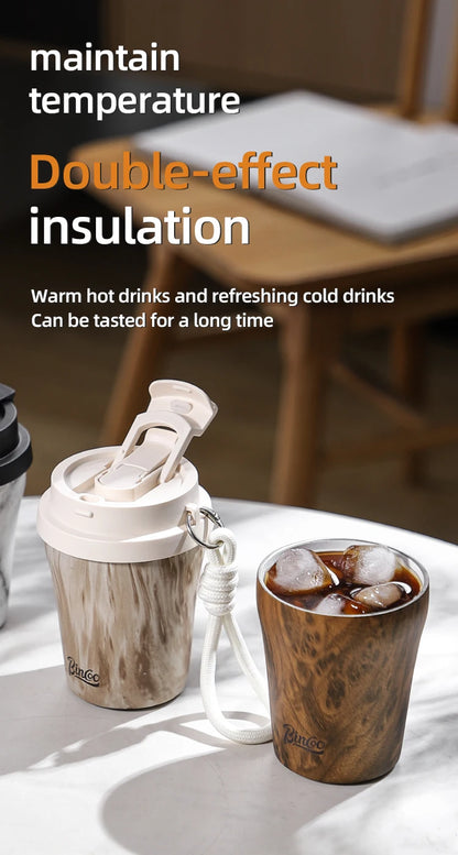 Bincoo Wood Grain Pattern Coffee Thermal Cup 500ml Coffee Travel Mug Insulated Vaccum Portable 304 Stainless Steel Thermos Jug