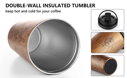 Bincoo 500ml Retro Woodgrain Coffee Cup, Stylish Travel Mug, Large Capacity Thermos, Portable for Men/Women