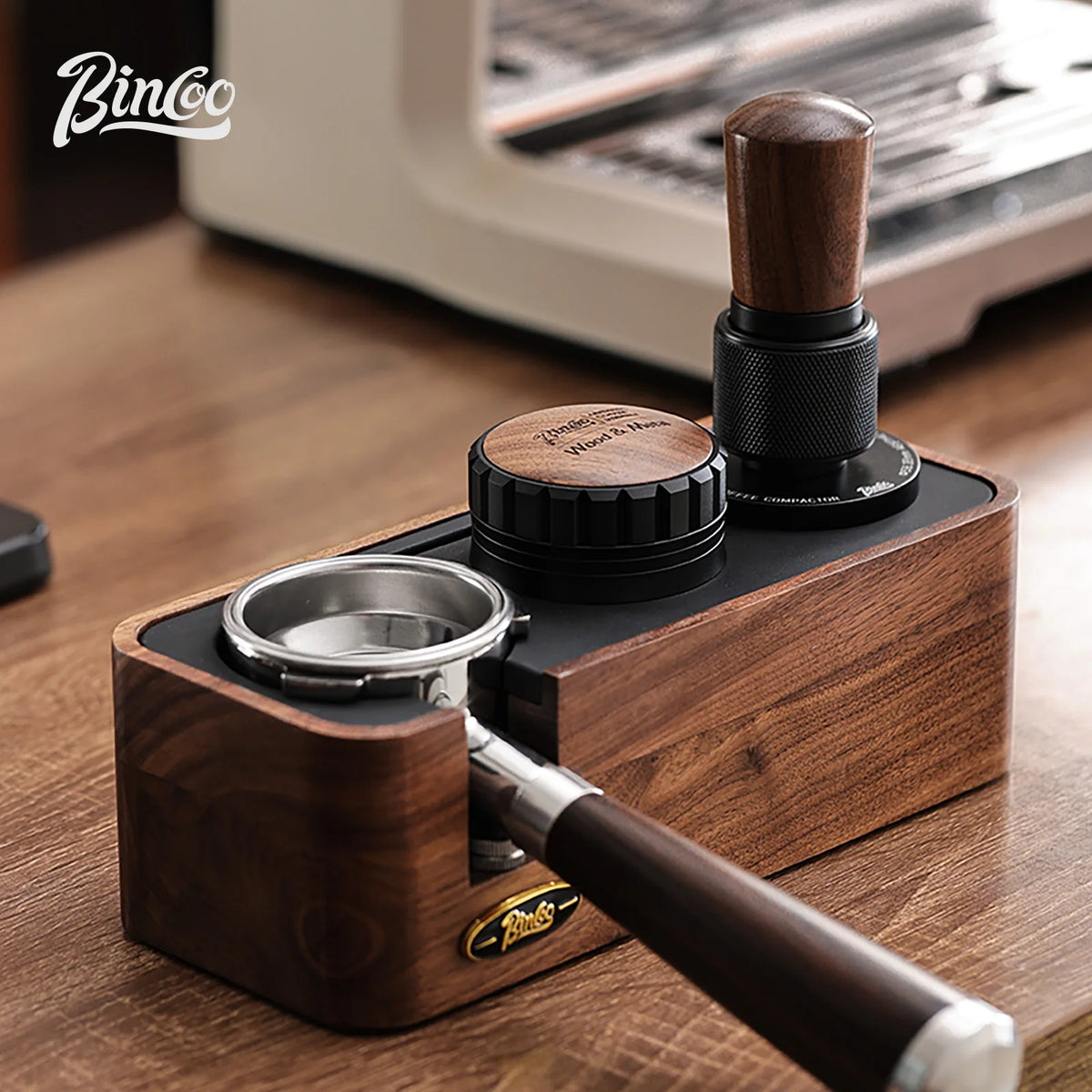 Bincoo Solid Wood Coffee Tamping Stand, Fits 51/58mm Portafilters, Espresso Distributor Base, Barista Tool