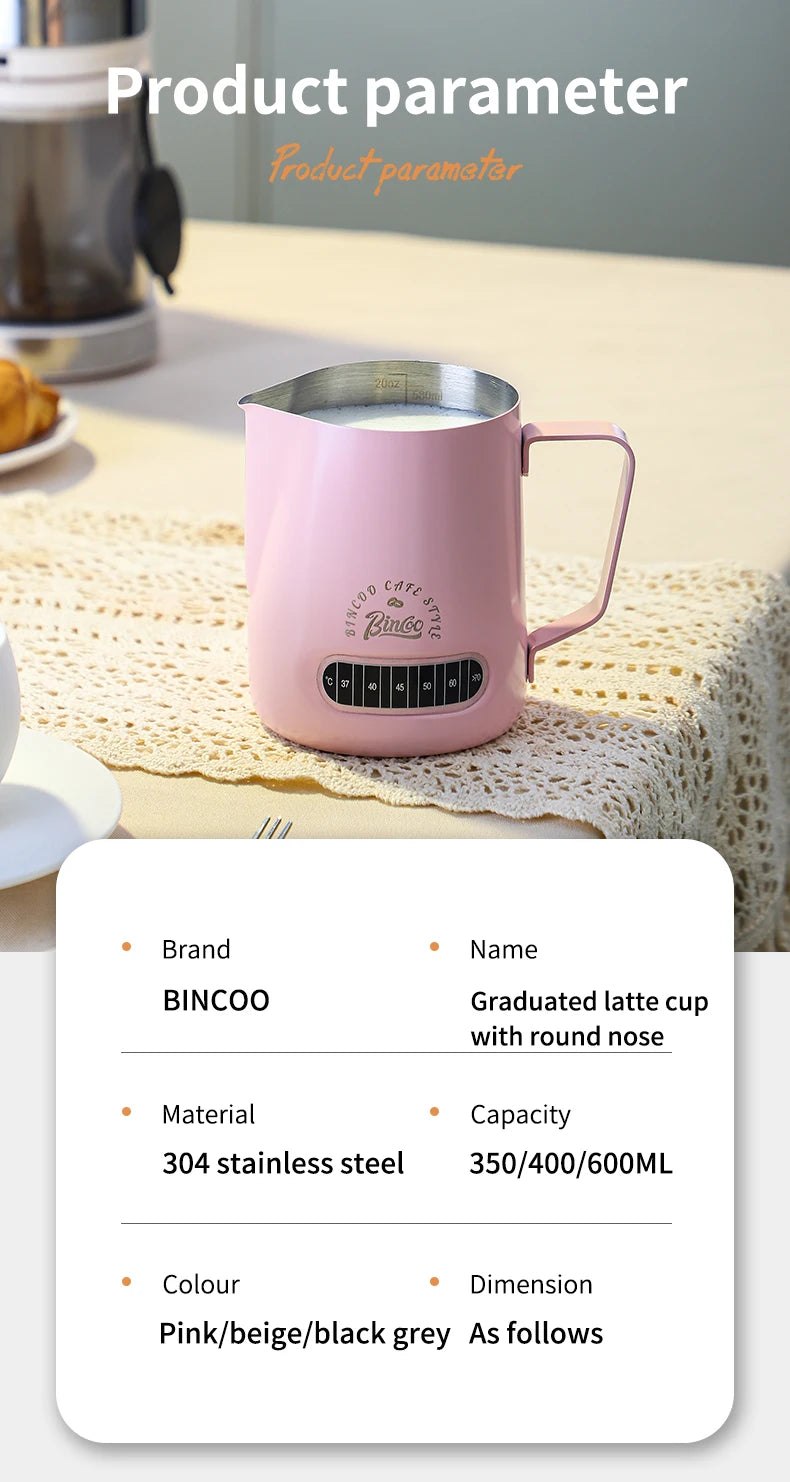 Bincoo Round Spout Coffee Pitcher with Temp Display, Stainless Steel Milk Frother Jug for Latte Art, Espresso Accessory