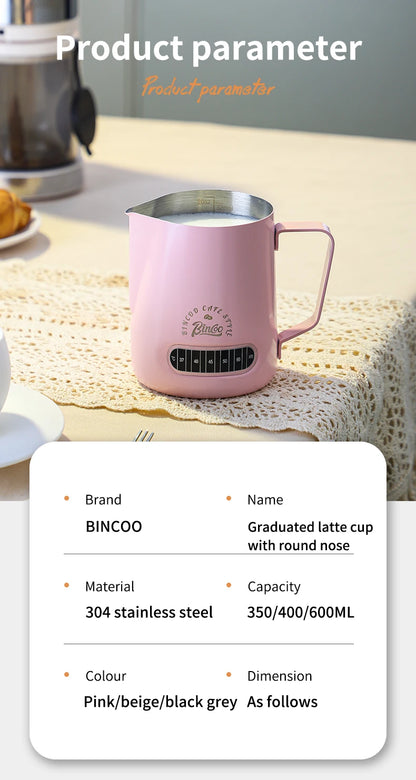 Bincoo Round Spout Coffee Pitcher with Temp Display, Stainless Steel Milk Frother Jug for Latte Art, Espresso Accessory