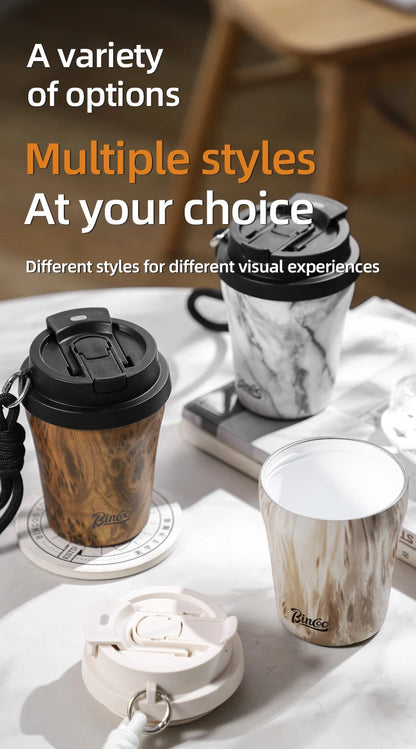 Bincoo Wood Grain Pattern Coffee Thermal Cup 500ml Coffee Travel Mug Insulated Vaccum Portable 304 Stainless Steel Thermos Jug