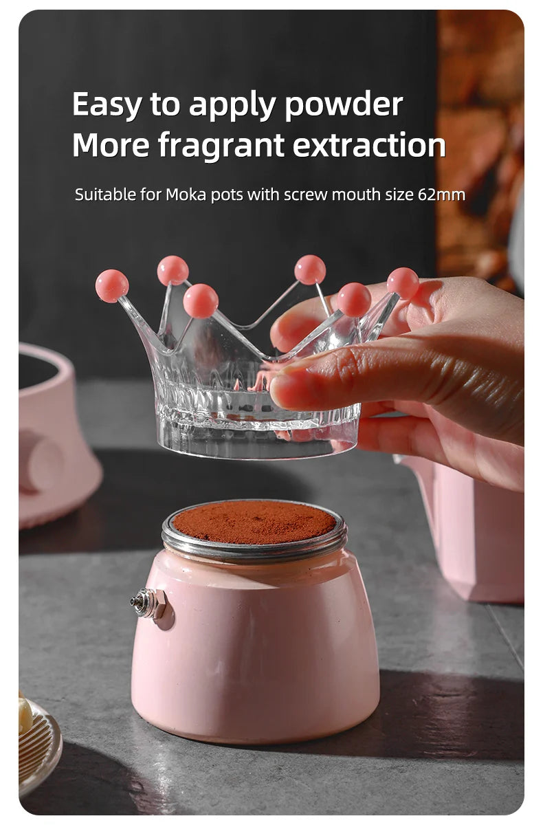 Bincoo Crown Style Coffee Distributor for Moka Pot, Powder Filling & Tamping Tool, Barista Accessory with Leveling Base