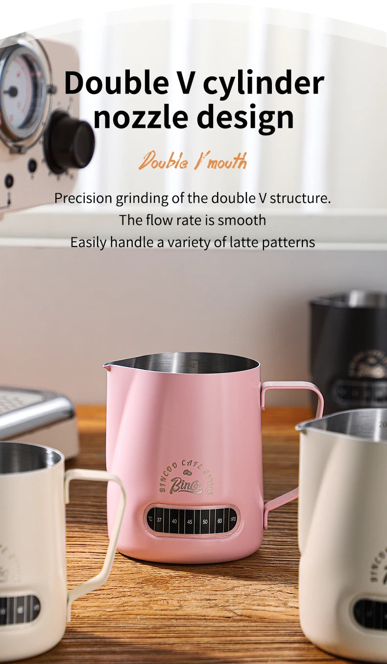 Bincoo Round Spout Coffee Pitcher with Temp Display, Stainless Steel Milk Frother Jug for Latte Art, Espresso Accessory