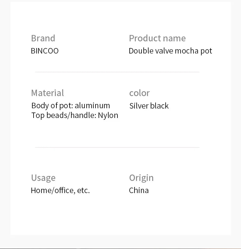 BINCOO Dual Valve Moka Pot Extraction Espresso Maker Hand Brewed Coffee Mocha Pot Italian Home Outdoor Barista Accessories
