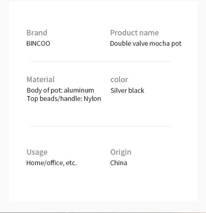 BINCOO Dual Valve Moka Pot Extraction Espresso Maker Hand Brewed Coffee Mocha Pot Italian Home Outdoor Barista Accessories