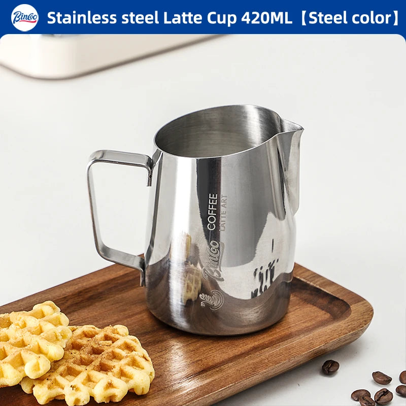 BINCOO Milk Frothing Pitcher 420ml Milk Frother Cup Espresso Steaming Pitcher Stainless Steel Milk Frother Jug Home Barista Tool