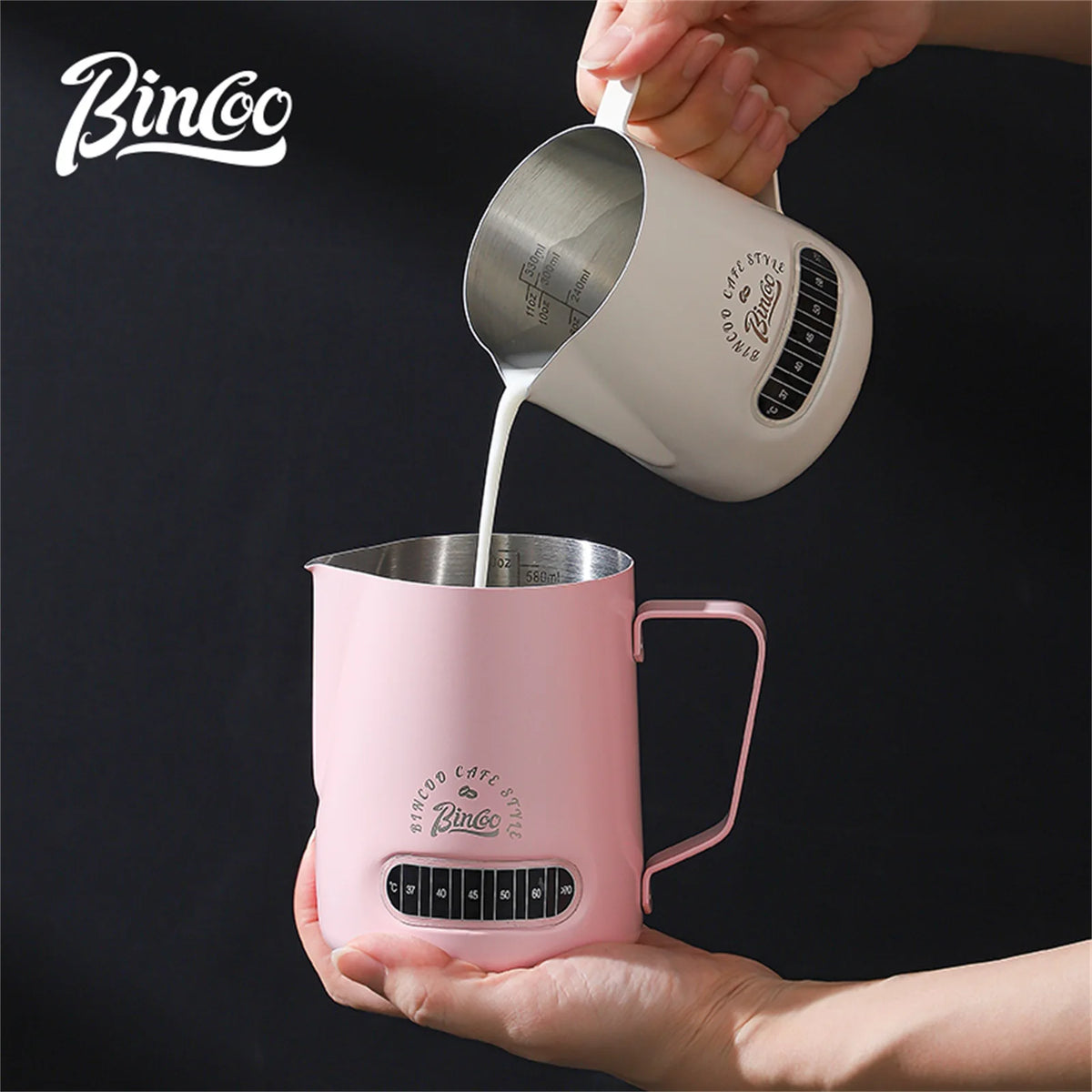 Bincoo Round Spout Coffee Pitcher with Temp Display, Stainless Steel Milk Frother Jug for Latte Art, Espresso Accessory