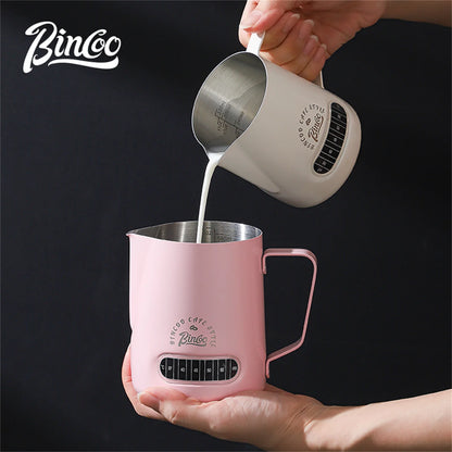 Bincoo Round Spout Coffee Pitcher with Temp Display, Stainless Steel Milk Frother Jug for Latte Art, Espresso Accessory