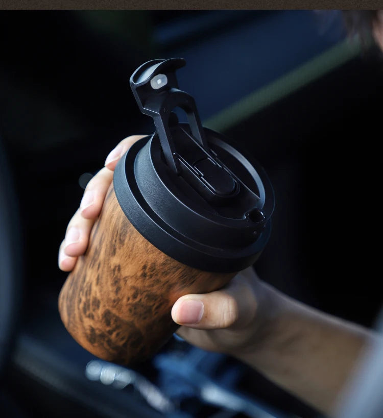 Bincoo Wood Grain Pattern Coffee Thermal Cup 500ml Coffee Travel Mug Insulated Vaccum Portable 304 Stainless Steel Thermos Jug