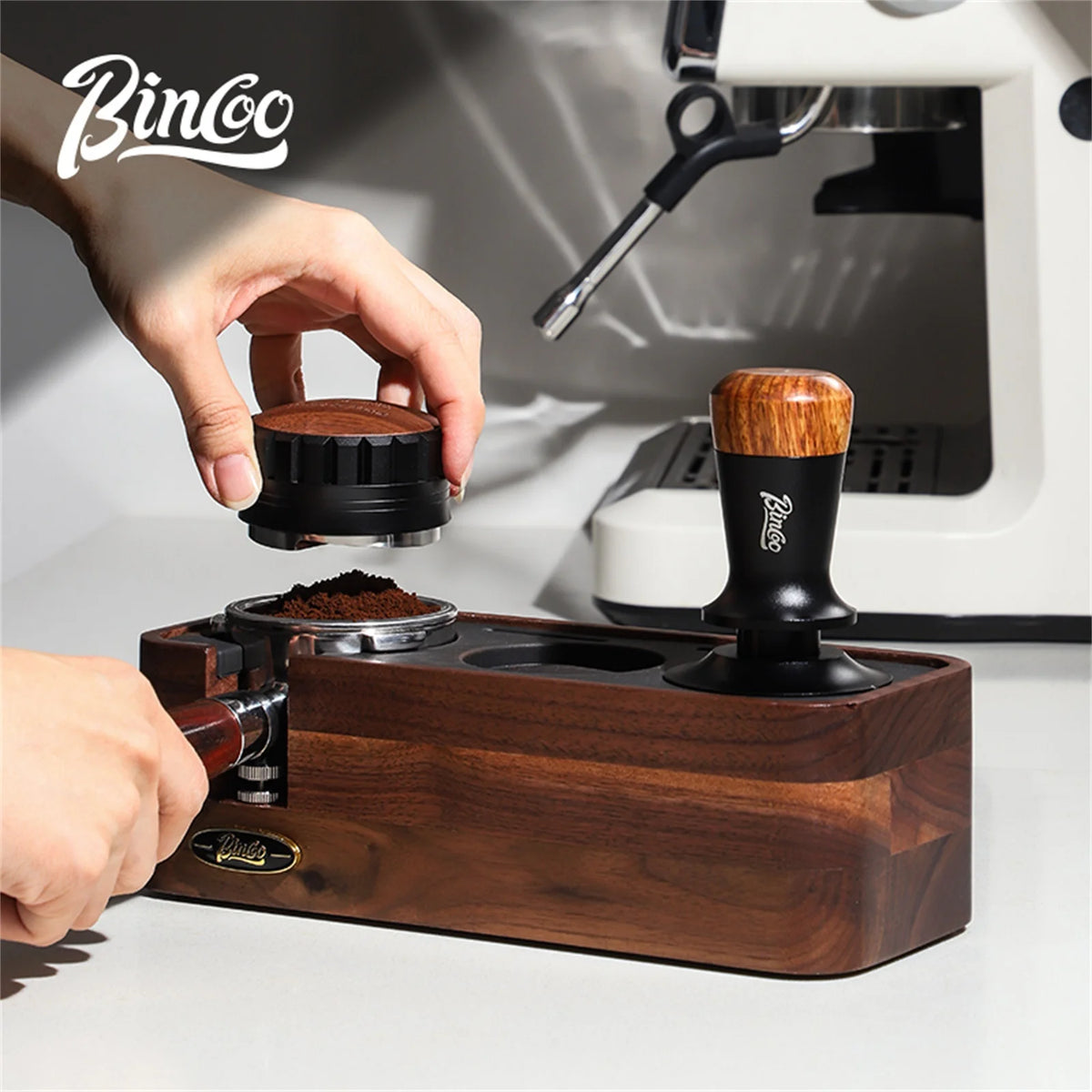Bincoo Wooden Espresso Tamping Stand Set: Tamper+Distributor, 51/58mm Dual-Size, Barista Organizer