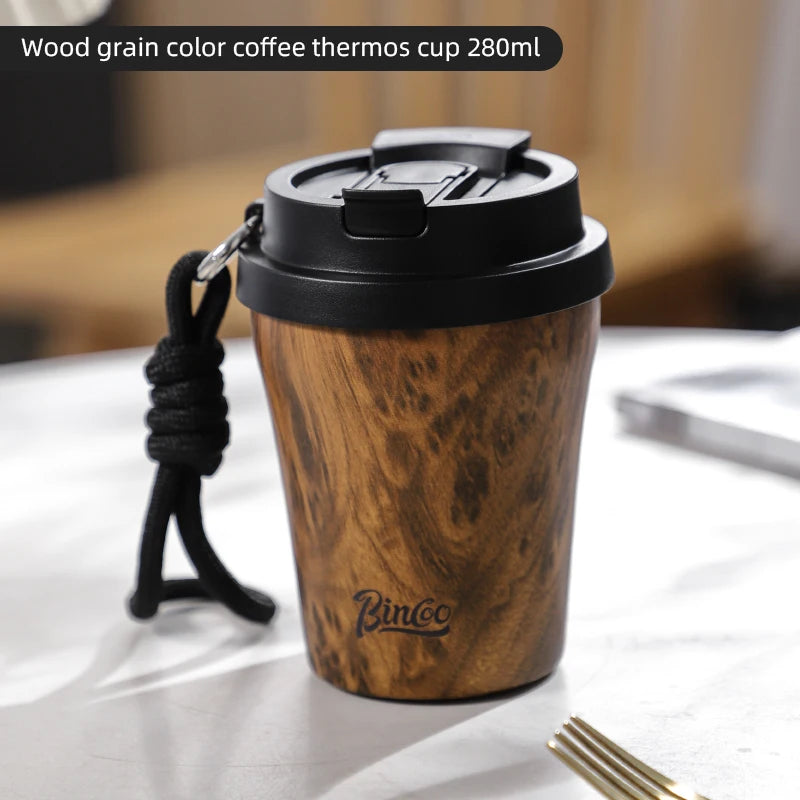 Bincoo Wood Grain Pattern Coffee Thermal Cup 500ml Coffee Travel Mug Insulated Vaccum Portable 304 Stainless Steel Thermos Jug