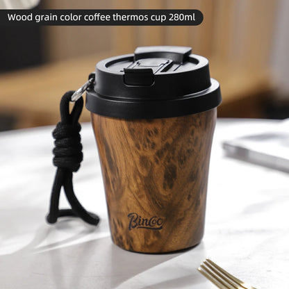 Bincoo Wood Grain Pattern Coffee Thermal Cup 500ml Coffee Travel Mug Insulated Vaccum Portable 304 Stainless Steel Thermos Jug