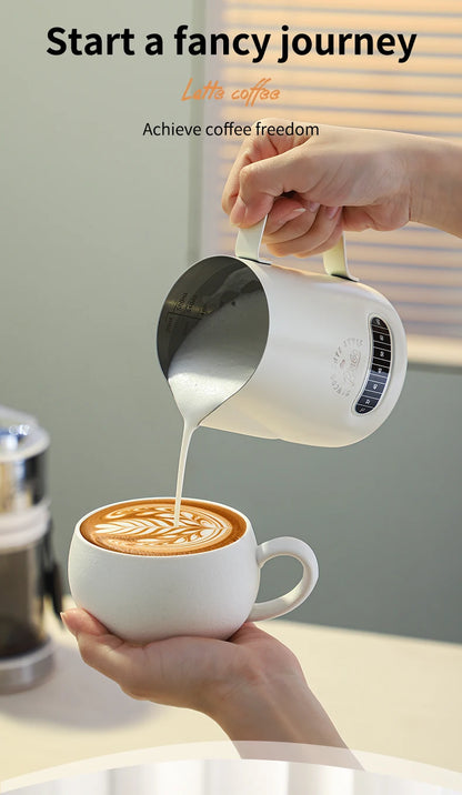 Bincoo Round Spout Coffee Pitcher with Temp Display, Stainless Steel Milk Frother Jug for Latte Art, Espresso Accessory