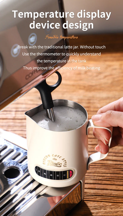Bincoo Round Spout Coffee Pitcher with Temp Display, Stainless Steel Milk Frother Jug for Latte Art, Espresso Accessory