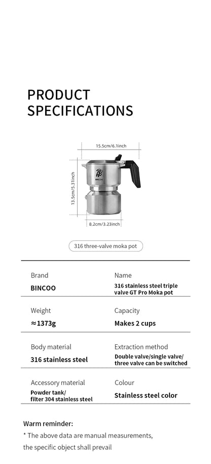 Bincoo Three Valve 316 Stainless Steel Mocha Pot Pressure Concentrating Extraction Coffee Pot Home Professional Barista Kit
