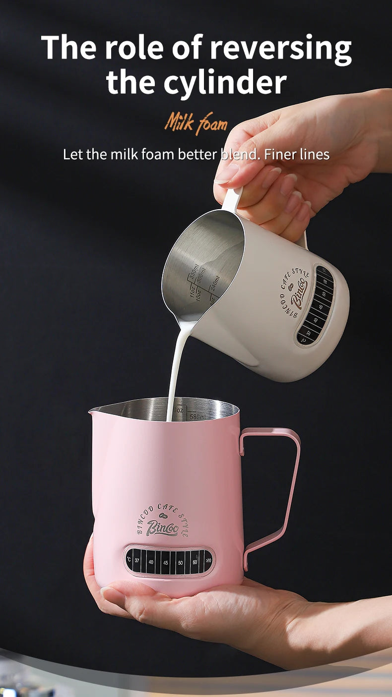 Bincoo Round Spout Coffee Pitcher with Temp Display, Stainless Steel Milk Frother Jug for Latte Art, Espresso Accessory