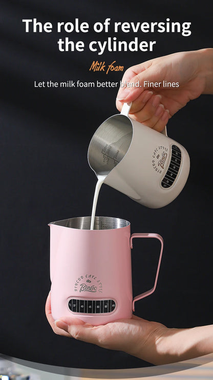 Bincoo Round Spout Coffee Pitcher with Temp Display, Stainless Steel Milk Frother Jug for Latte Art, Espresso Accessory